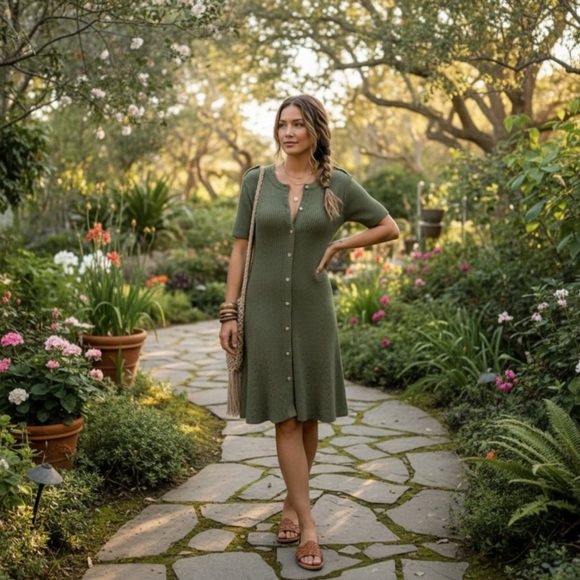 French Connection Dresses & Skirts - French Connection Women’s Olive Green Button-Front Knit Dress